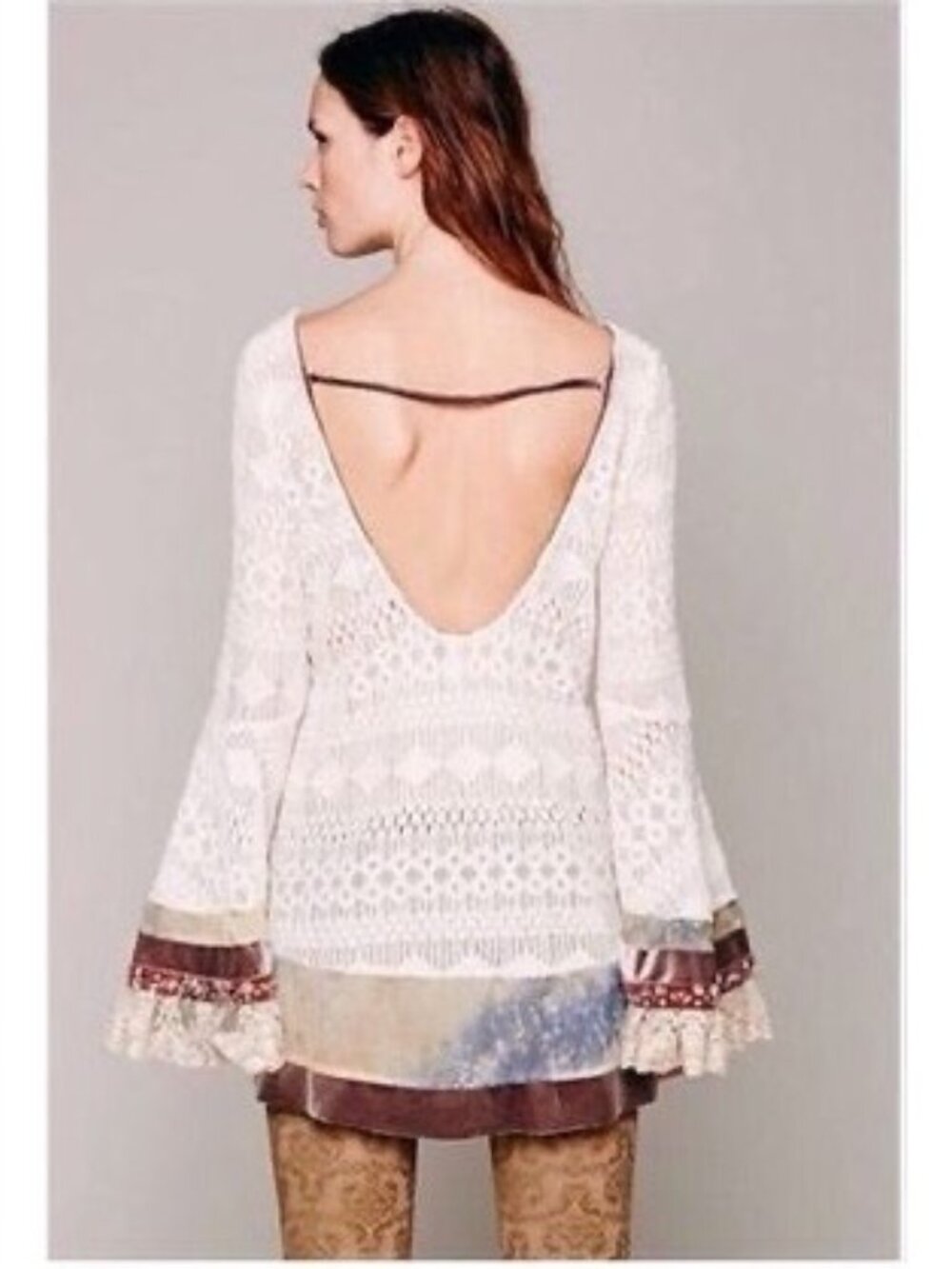 RARE Free People Embellished Bell Sleeve Lace Tunic Mini Dress S/M | Boho Indie - Picture 11 of 17